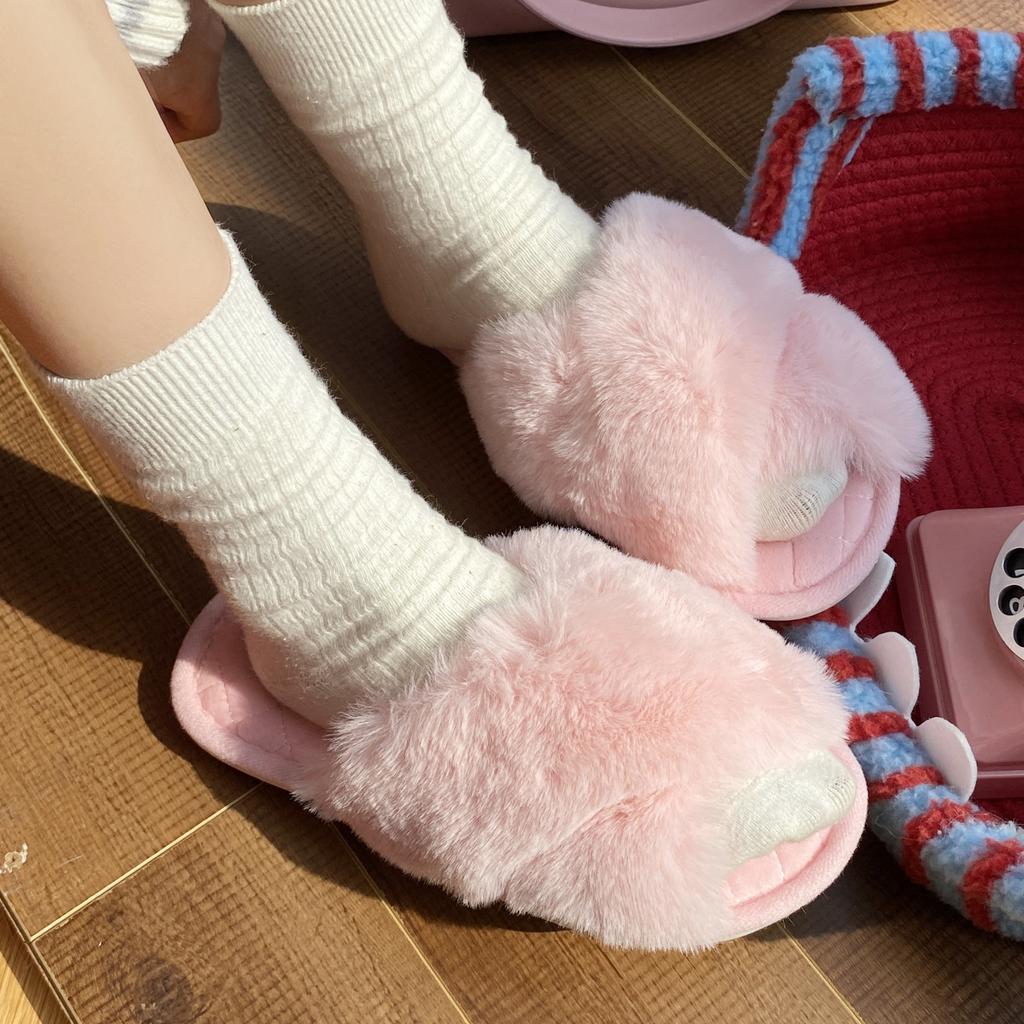 2024 Winter Damen Zuhause Indoor Freizeit Hausschuhe Damen Flip Flops Flauschige Schuhe Kreuzdesign Pantoletten Damen Weiche Warme Plüsch Hausschuhe