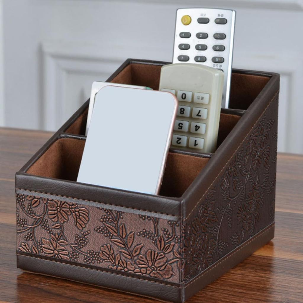 EXCEART Remote Control Rack, 3-Tier Leather Storage Rack with Remote Control Stand, Pen Holder, Smartphone Holder, Stylish Retro PU Leather Desk Organ