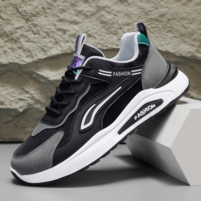 Sneakers Men's Breathable Sport Shoes 2026 Trendy Versatile Thick Bottom Anti-slip Casual Dad Shoes Leather Patchwork Flat Heel