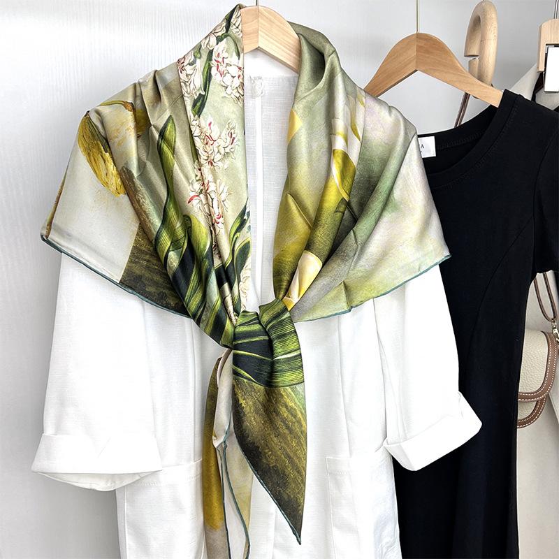 Elegant Temperament Fresh Plant Silk Scarf Shawl Silk Scarf Women'S Square Scarf Silk Women'S Mulberry Silk Silk Scarf Shawl