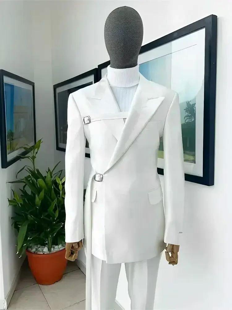 Elegant  White  Solid Men Suits Two Piece Formal Notch Lapel Single Breasted Slim Fit Outfits Office Business Casual Suits