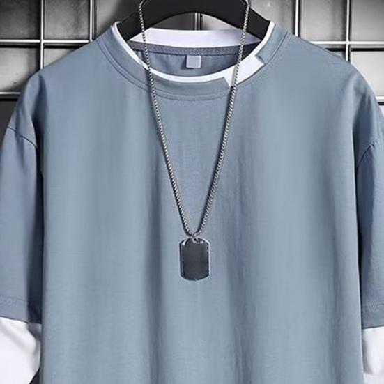 Men Spring T-shirt Fake Two-piece Round Neck Long Sleeves Loose Pullover Keep Warm Contrast Color Friendly to Skin Men Top Men Clothes