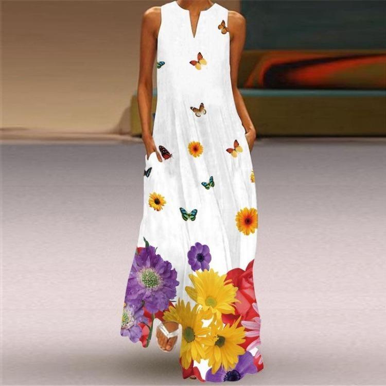 

Women Sleeveless V Neck Digital Print Summer Maxi Dress European American Style Pocket Sizes S To 5XL Small