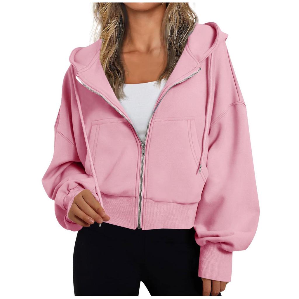 Women's Hooded Zip Up Cropped Sweatshirt Solid Color Lantern Long Sleeve Casual Loose Fall Winter Outerwear Jacket