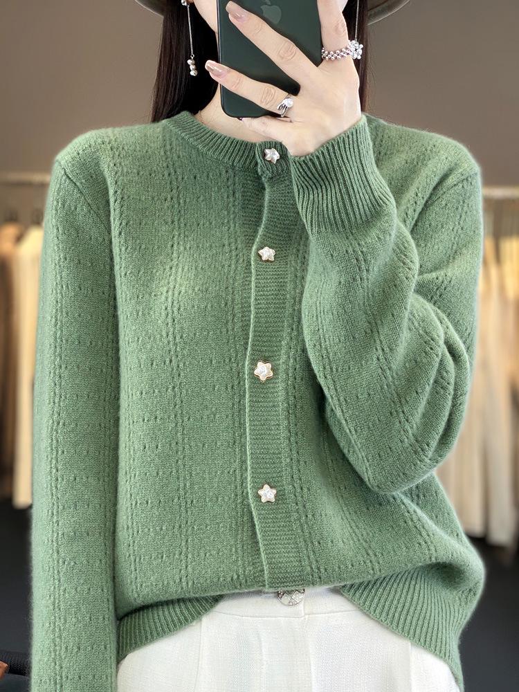 Women's Round Neck Wool Cardigan: Loose Fit, Solid Color, Hollow Long Sleeve - Suitable for Spring, Autumn, and Winter.