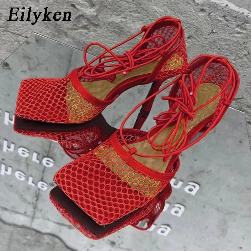 Fashion Eilyken Sexy Mesh Pumps Sandals Female Square Toe High Heel Lace Up Cross-tied Stiletto Hollow Dress Shoes Size 35-42