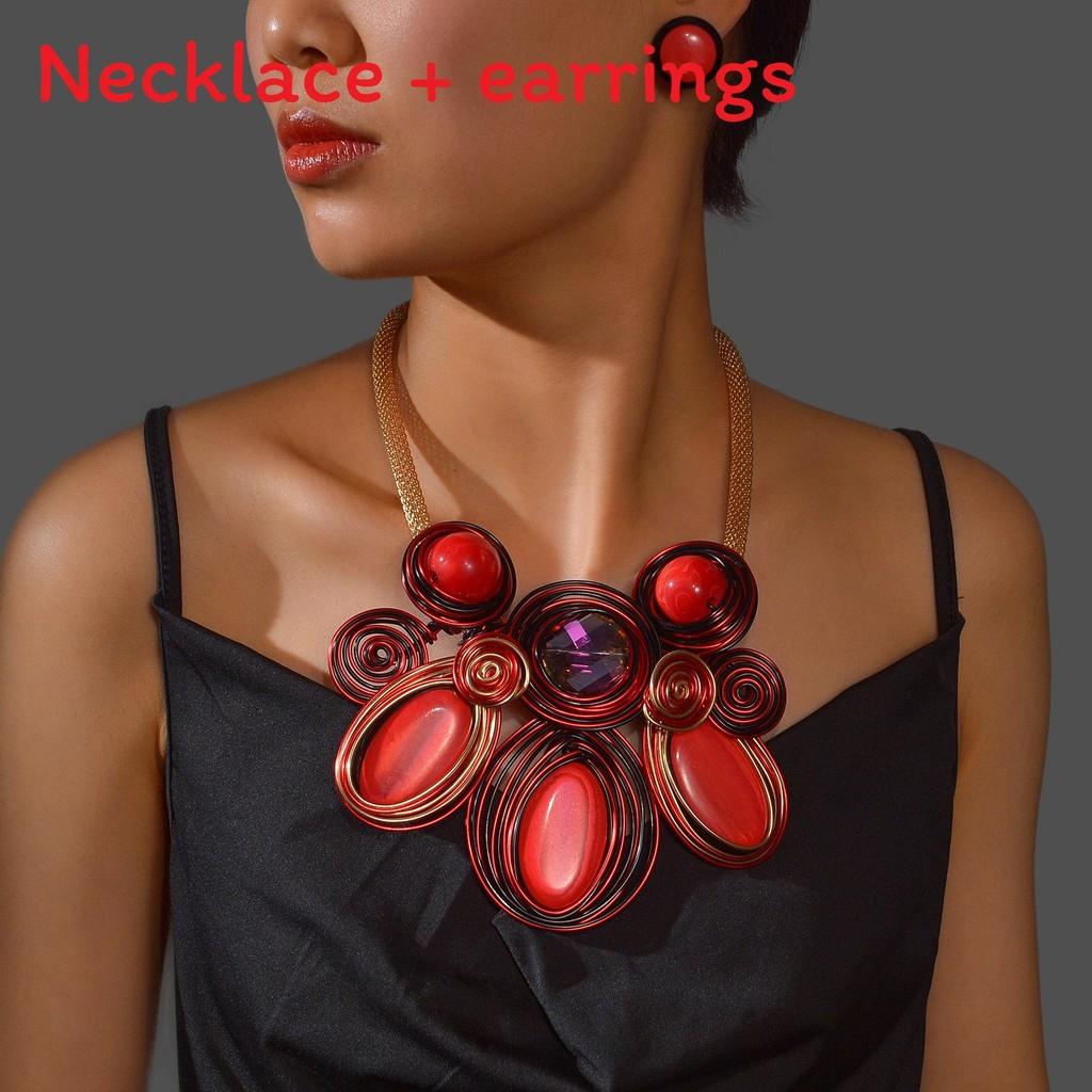 Geometric Exaggerated Crystal Jewelry Set With Alloy Necklace Earrings For Style Youth