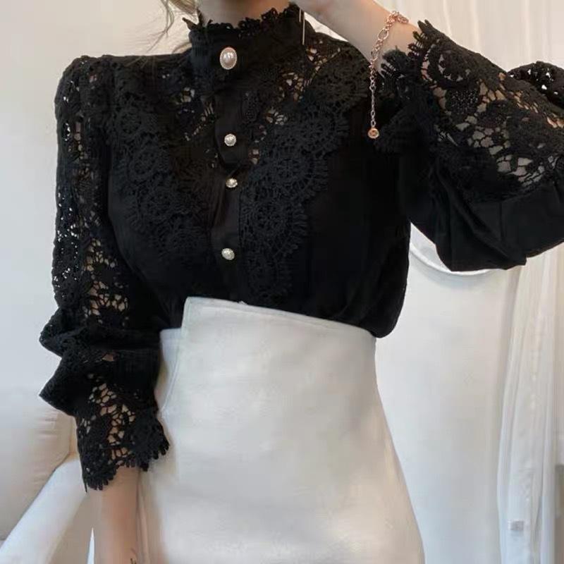 Cămașă cu guler țesut cu nasturi din șifon pentru femei, șic, elegantă, cu dantelă florală, pufos, cu mânecă lungă, bluză albă supradimensionată, la modă