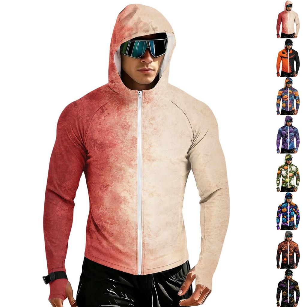Men's Casual Raglan Sleeve Hooded Long Sleeve Sun Protection Jacket with Halloween Print Full Zip Front Lightweight