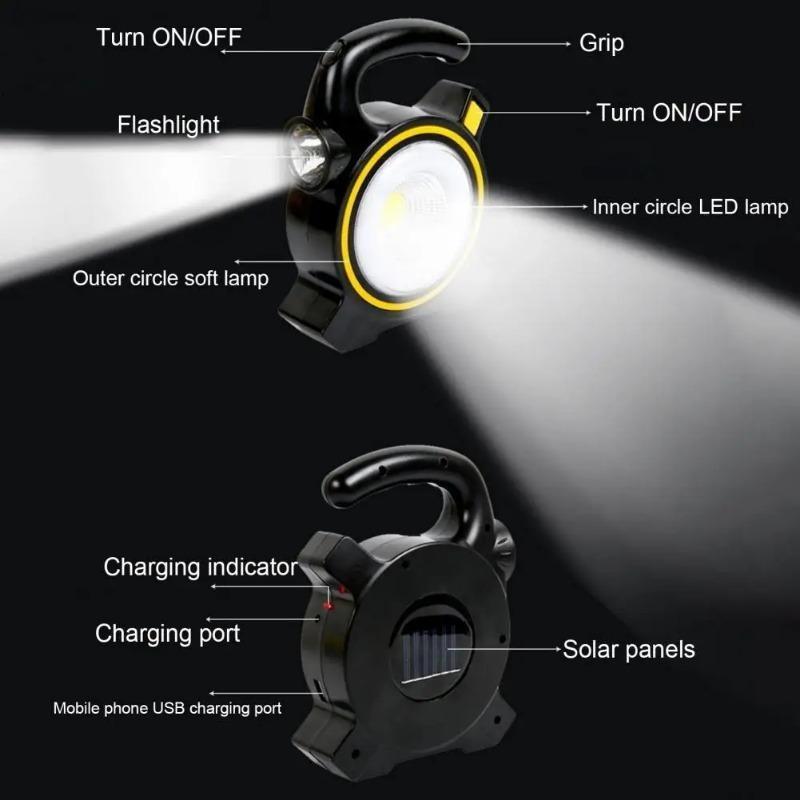Solar Outdoor LED Portable Lantern Tent Light COB Work Lamp Solar Emergency Spotlight Rechargeable Floodlight for Hiking Camping Light