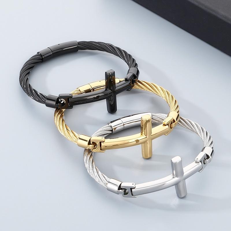 Kalen Chunky Stainless Steel Cross Bangle Men's Rock Hip Hop Mesh Chain Jewelry Shining Gold Color Accessories Gift