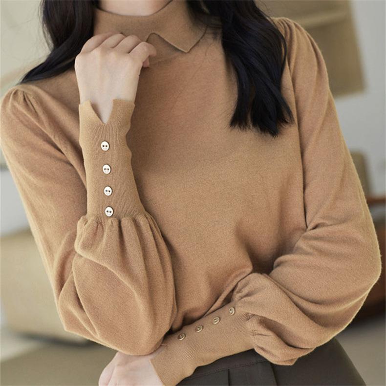 Autumn and winter new lantern sleeves polo neck sweater women's loose and thin knitted bottoming shirt top outer wear
