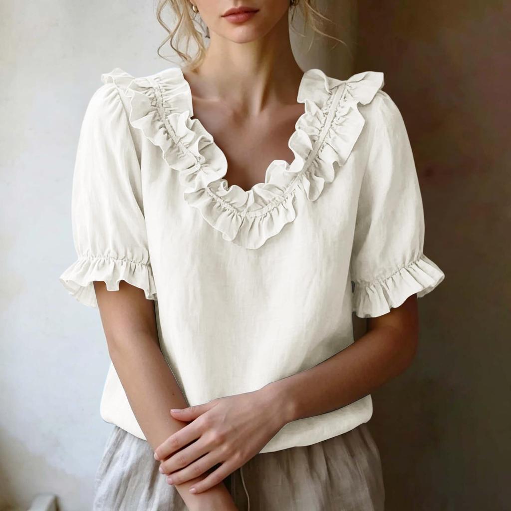 Women's Casual Short Sleeve V-Neck Ruffled Blouse Pullover Top - Fashion Summer Tee for , Date, or Daily Wear