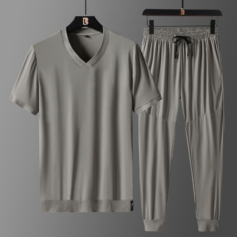 Ice Silk Short Sleeved Set Men's Summer Thin Breathable Elastic Casual Sportswear Two-piece Set