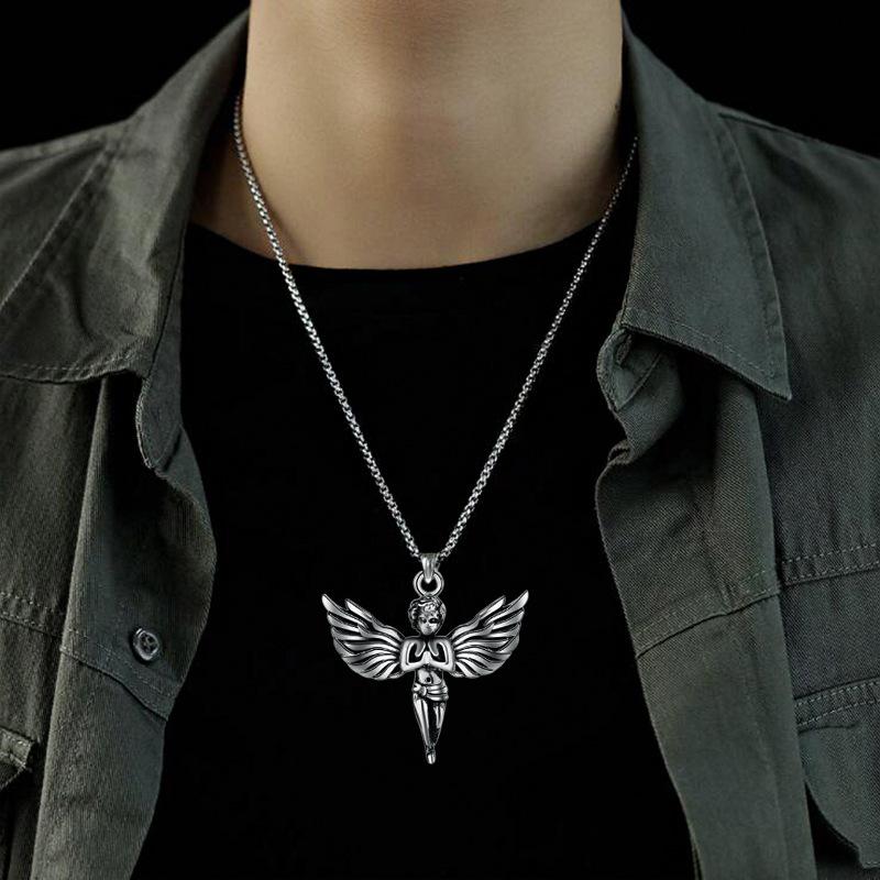 Angel With Feather Wing Pendant Necklace Stainless Steel Retro Punk Fashion Copper Color Hip Hop Rock Neck Jewelry Party Gifts