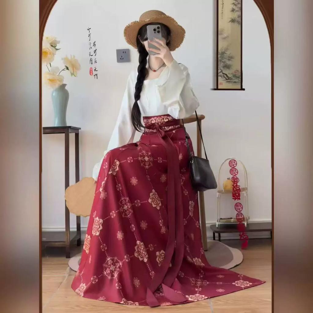 Chinese Tang Dynasty Style Hanfu For Women Printed Crew Neck Shirt Waist One Piece Skirt Daily Commuting Suit