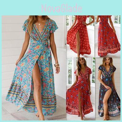 Elegantní Dámské Letní Boho Květinové Šaty Maxi s Krátkým Rukávem Na Dovolenou