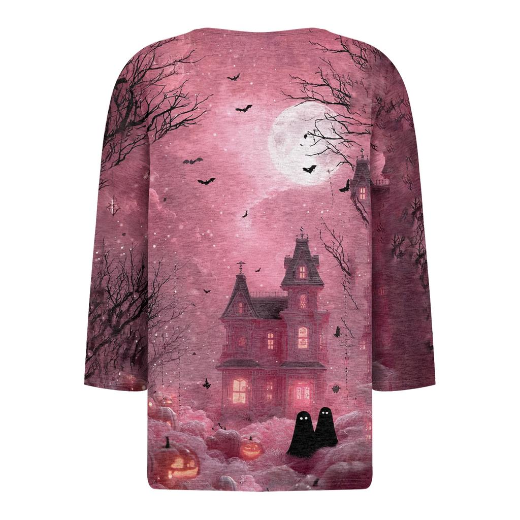 Women's Halloween Print V-Neck Short Sleeve T-Shirt with Decorative Buttons for Casual Fall Outfits