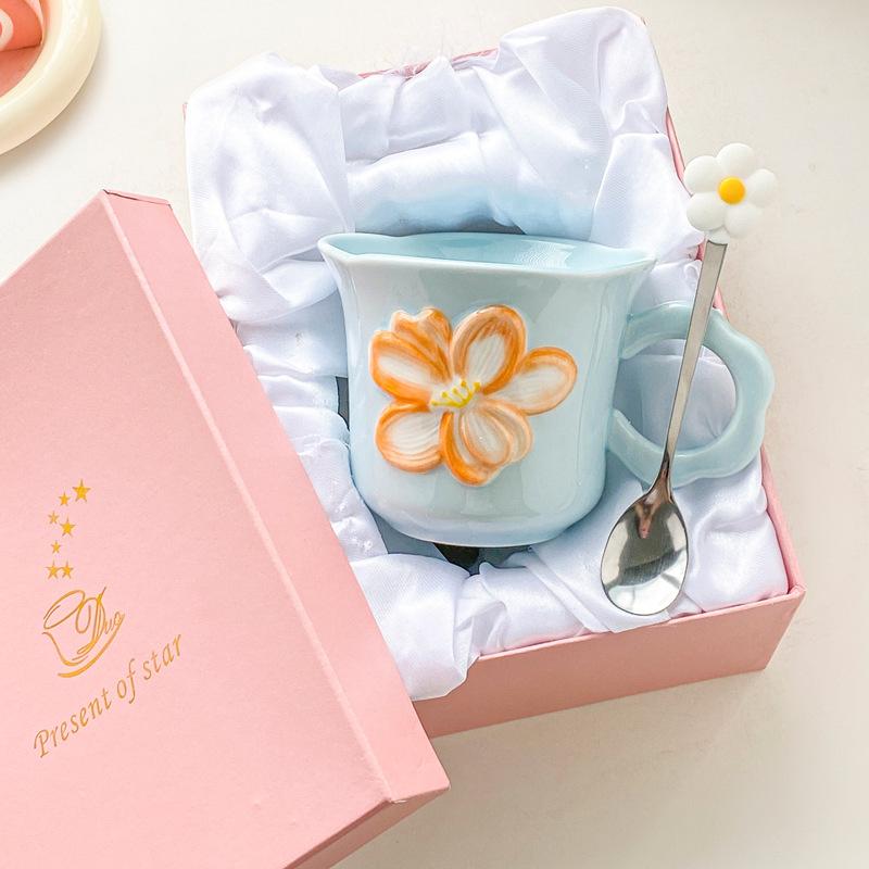 Ins Style High Value Flower Mug Girls Office Ceramic Drinking Cup Korean Coffee Cup Milk Cup