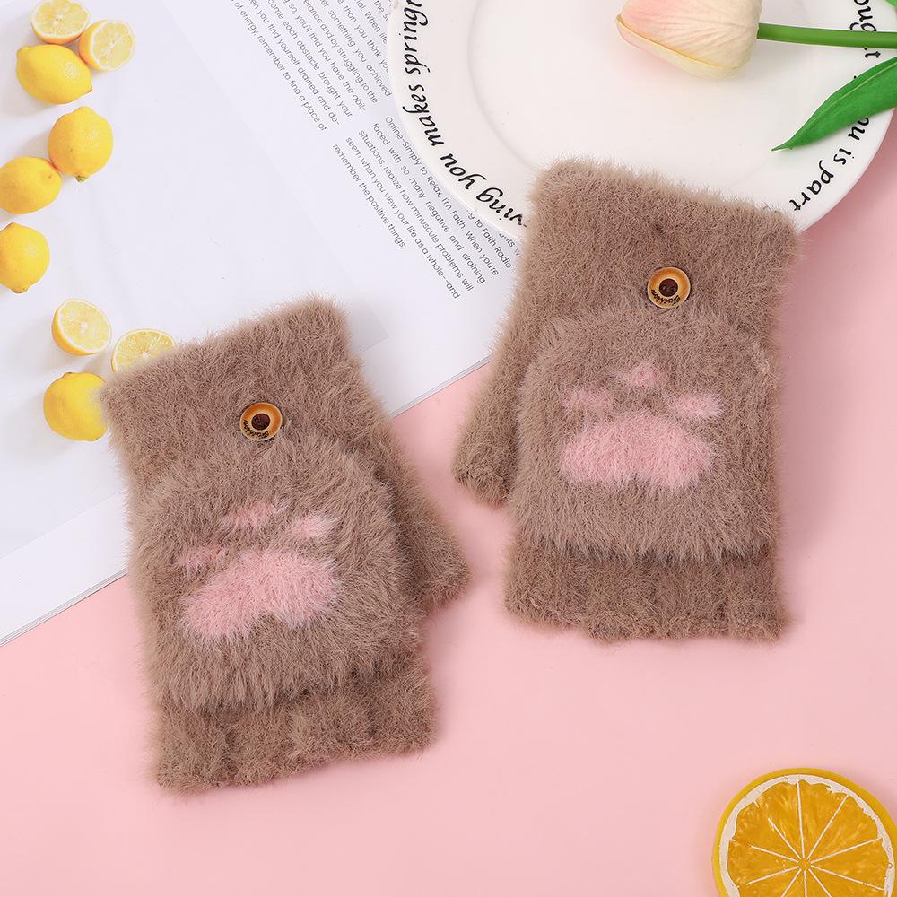 Korean Style Cat Paw Touchscreen Half-Finger Warm Gloves - Fleece-Lined Knitted Design for Students & Ladies
