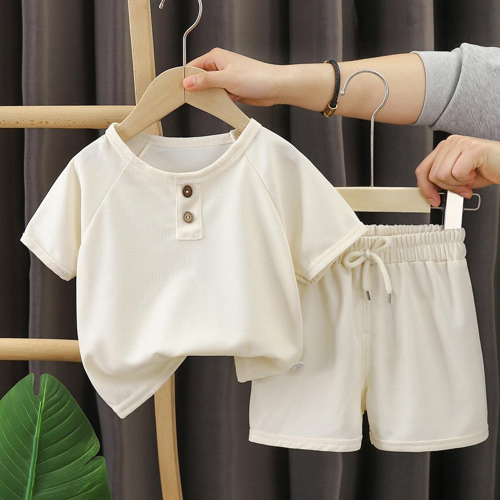 Children's Short-sleeved Suit Summer Boys Shorts Korean Version of The Children's Waffle Baby Summer Children's Clothing