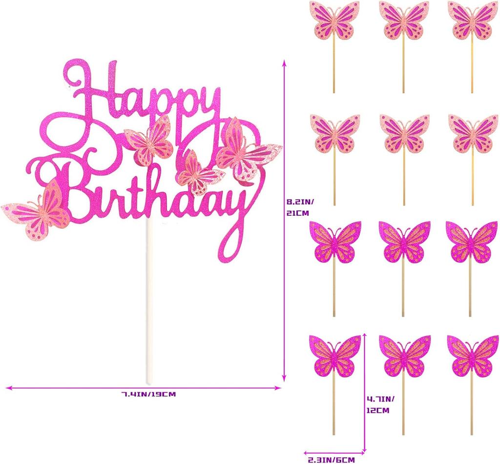 13 Stück Heißrosa 3D Schmetterling Kuchenaufsätze Cupcake Topper für Mädchen Frauen Happy Birthday Kuchenaufsatz Geburtstagskuchen Dekoration