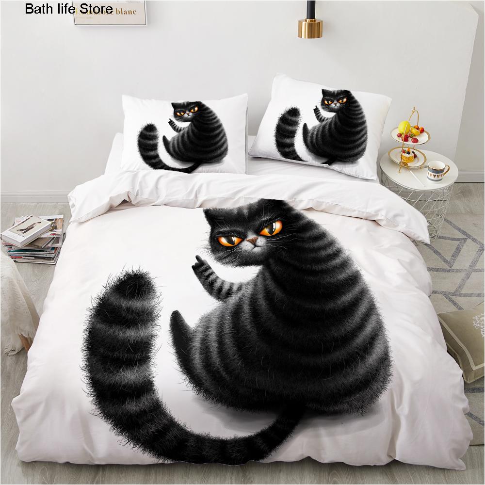 Black Cat Bedding Set Cute Cats Cartoon Duvet Cover Set Double Size Soft Fabric Bed Sets Kids Home Textile Halloween Decor Gift