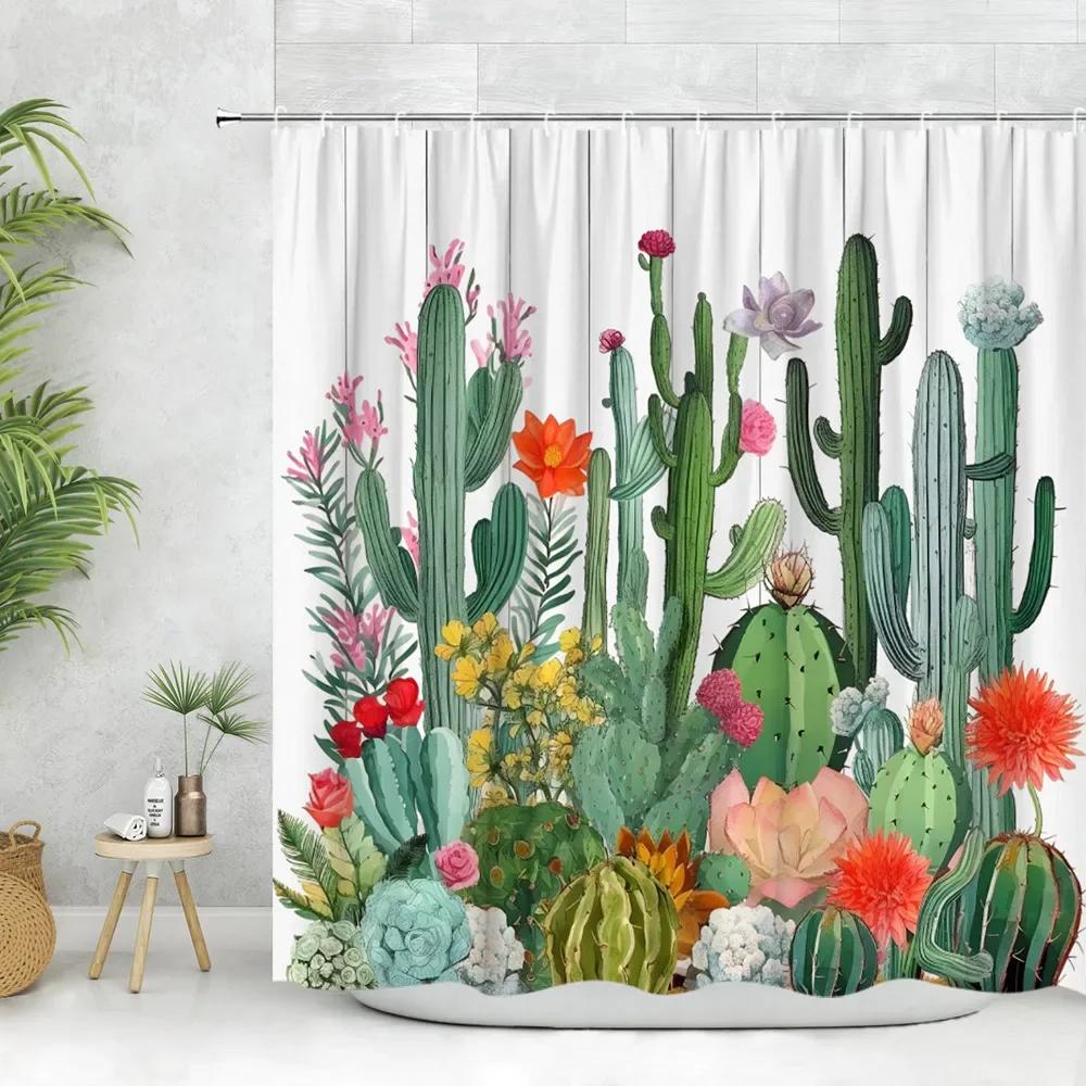 Cactus Shower Curtain Tropical Plant Greenery Moon Flower Desert Hummingbird Rustic Wood Panel Polyester Fabric Bathroom Decor
