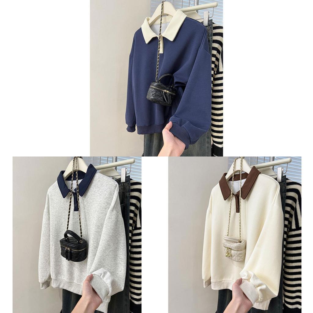 Vintage Polo Collar Womens Hoodie With Splicing Design For Spring Casual Wear