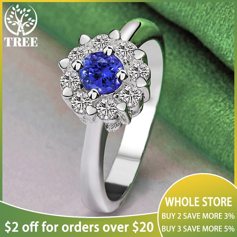 New 925 Sterling Silver Shiny Noble Round Blue Zircon Ring For Women Luxury Party Birthday Engagement Wedding Charm Jewelry Gift