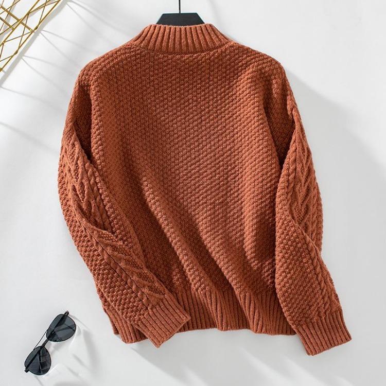 Vintage Loose Stand Collar Knitwear Sweater Long Sleeve Solid Color Pullover Top for Autumn Winter