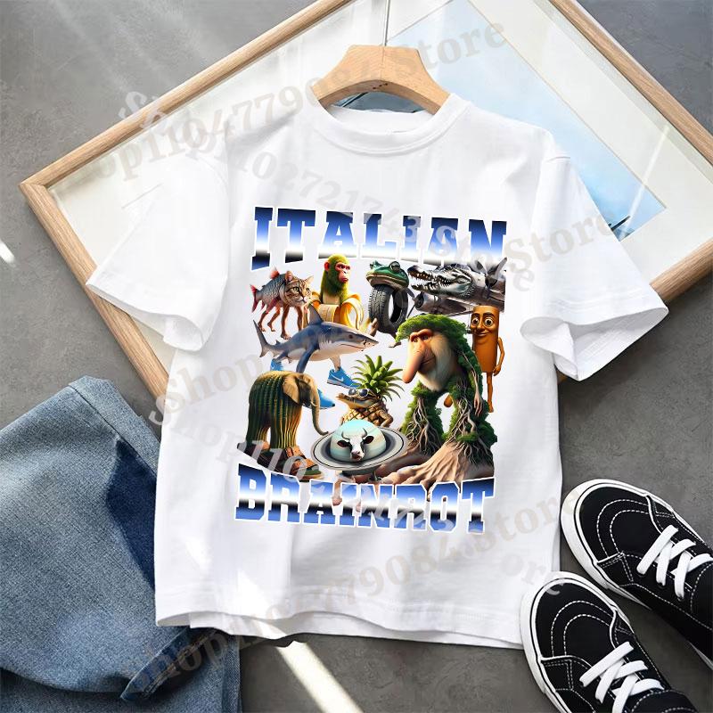 Italian Brainrot T-shirts for Children Anime Cartoon Cute Short Sleeved Shirt Boys Girls Summer Fashion Top Kids Clothes Gifts