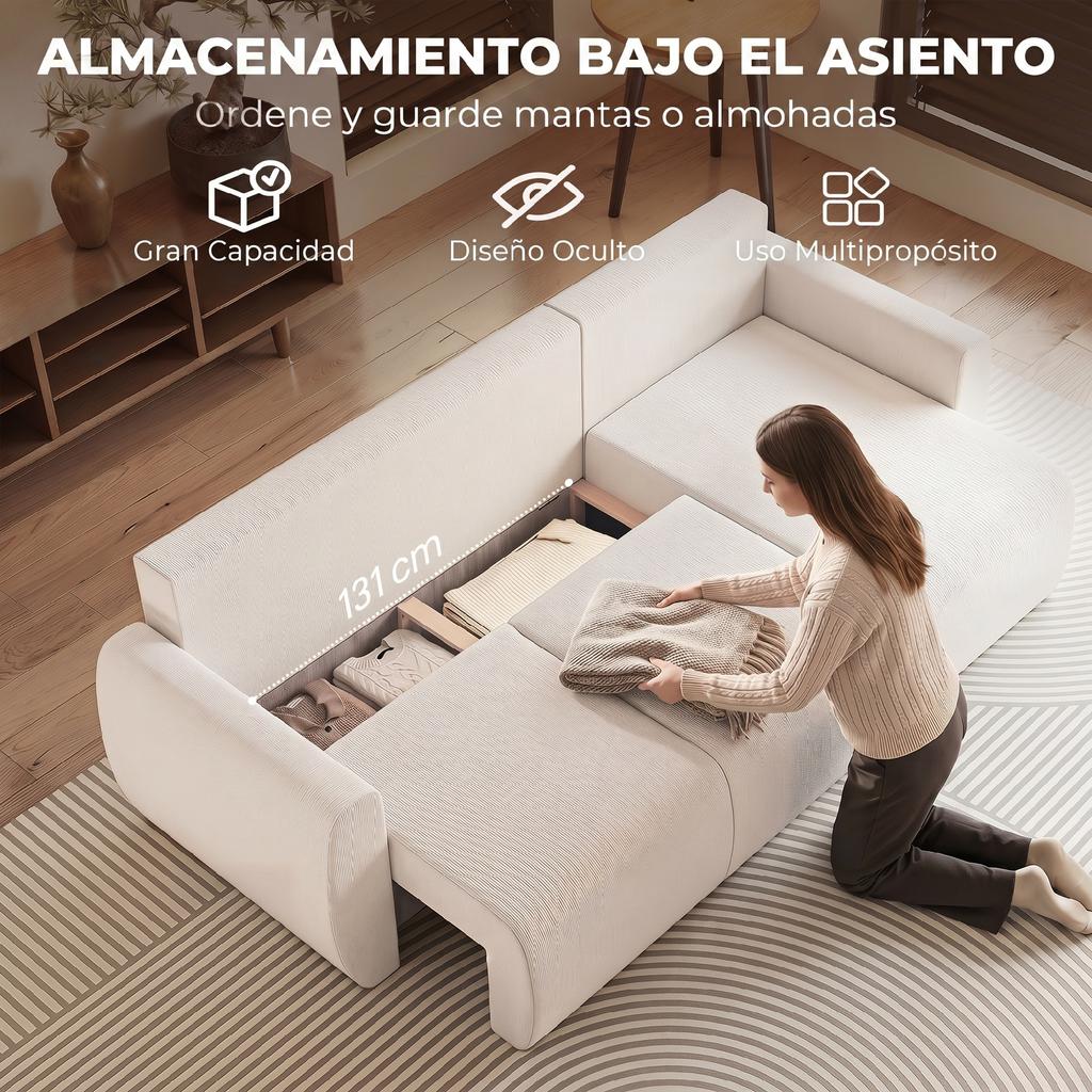 Sleeper Sofa with Reversible Chaise Longue, L-Shaped 3-Seater Sofa with Velour Cover, Cream White