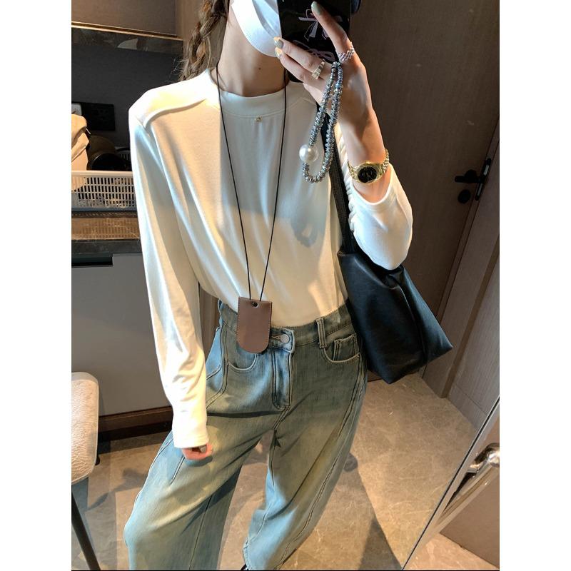 Moqie Slimming Long Sleeve Round Neck Patchwork Base Layer Shirt MQ0966 One Size грязно-белый