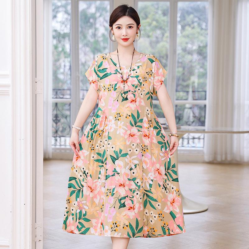 New cotton and silk dress summer large size loose fat mother covering belly and looking thin casual floral long skirt