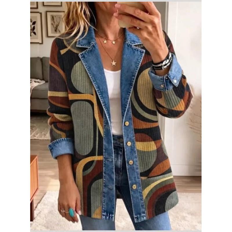 Damen Leopardenmuster Denimjacke Langarm Lockerer Schnitt Lässig Offene Vorderseite Hemdkragen Streetwear Mantel