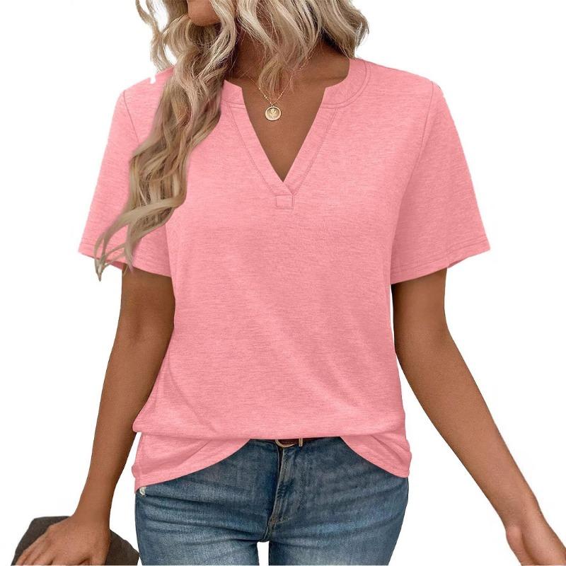 Women Casual Solid Color V Neck Loose Short Sleeve T Shirt Top