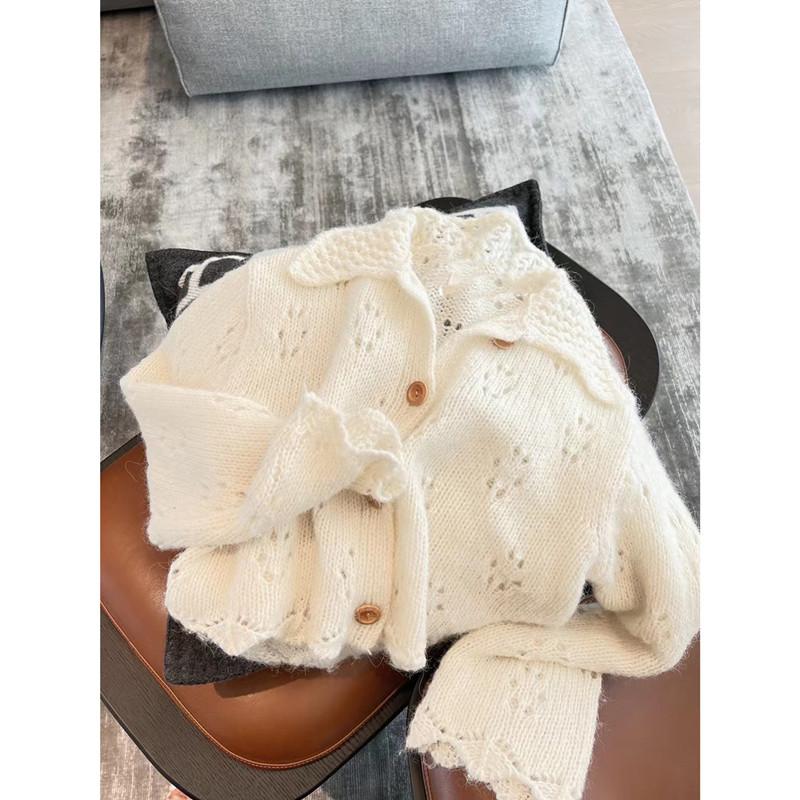 Fashion Elegant Sweet Knitted Cardigan Short Sweater Women Autumn Long Sleeve Loose Doll Collar Top Casual Korean Hollow Simple Knitwear Coat
