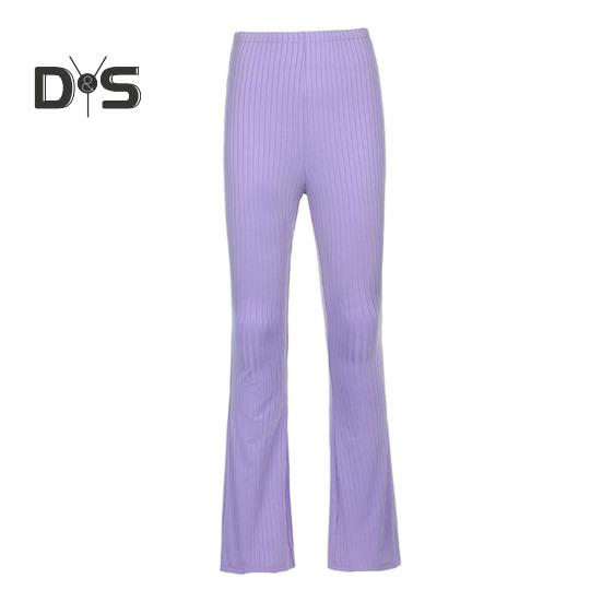Women Flared Pants High Waist Striped Print Solid Color Casual Trousers Slim Fit Elastic Bottoming Slacks Daily Wear
