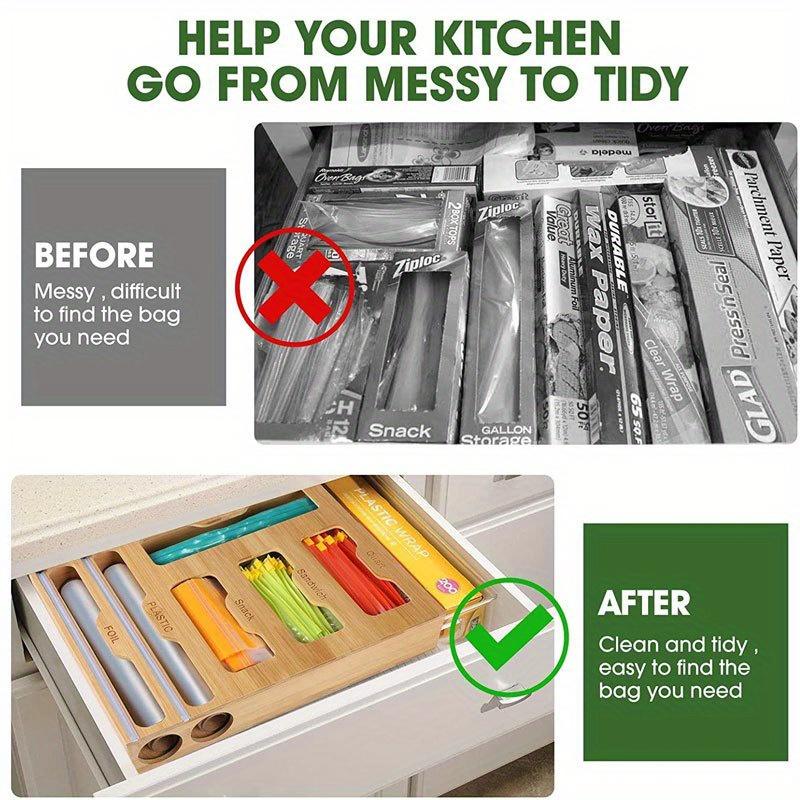 1pc 6 types of grids Plastic Organizer Kitchen Storage Box,Ziplock Bag Organizer&Foil&Plastic Wrap Dispenser With Cutter Bamboo.