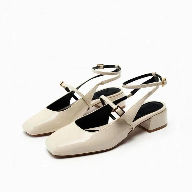 Mid Heels Office Lady Mary Jane Shoes Retro Patent Leather Square Head Slingbacks Fashion Ankle Strap Ladies Summer Sandals