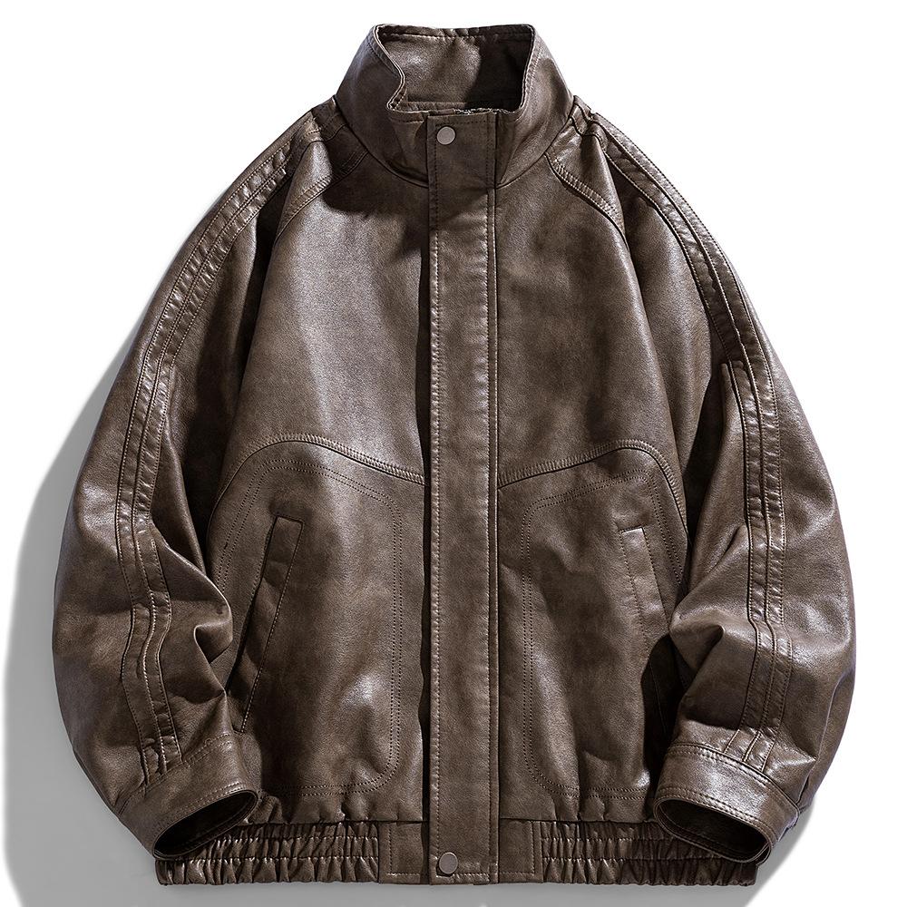 

Американская ретро мужская кожаная куртка Мужская уличная свободная повседневная куртка-стойка Мотоциклетная кожаная куртка Красивая 3XL