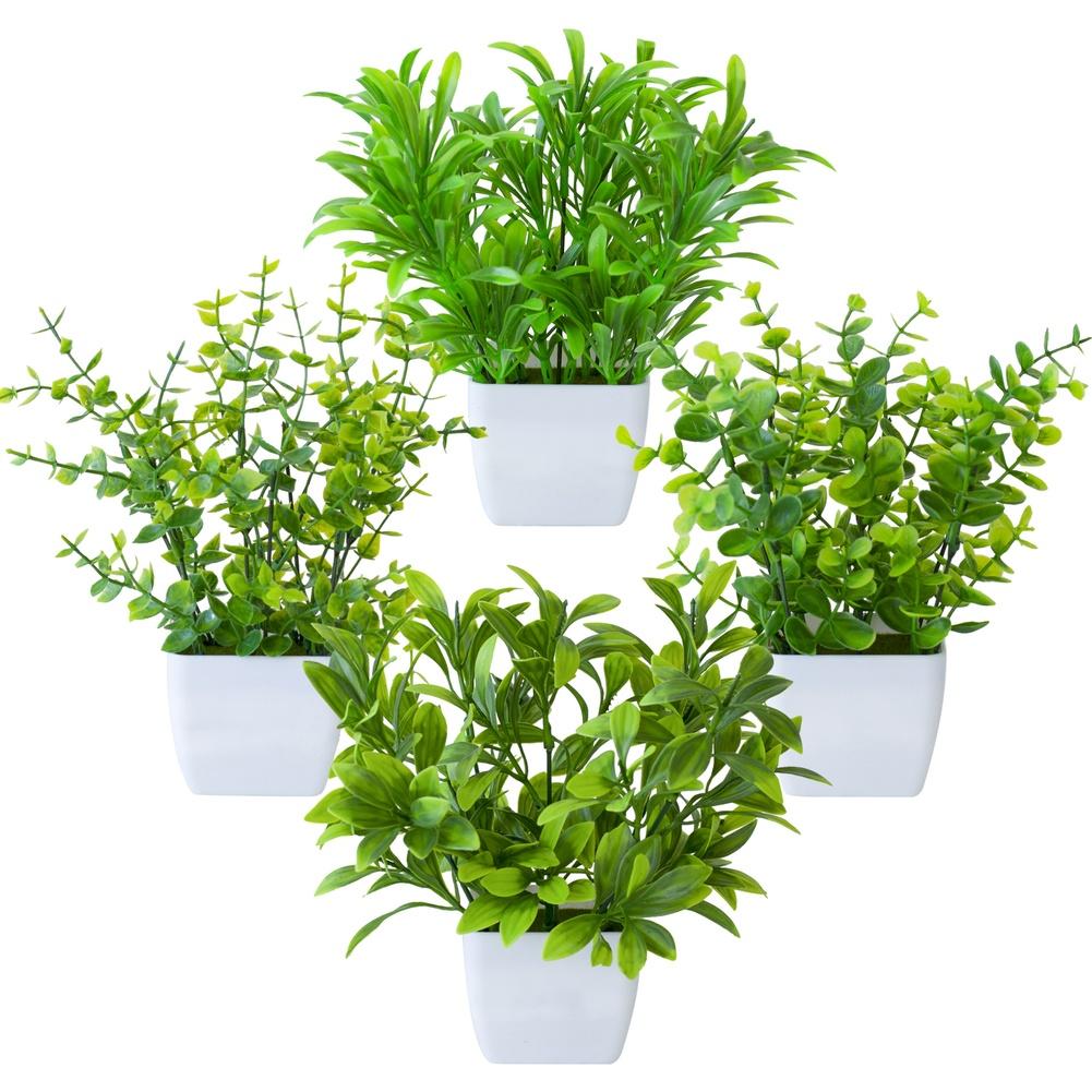 4pcs Artificial Potted Plants Small Faux Greenery for Living Room Bedroom Office Desk and Shelf Set with Natural Looking Leaves