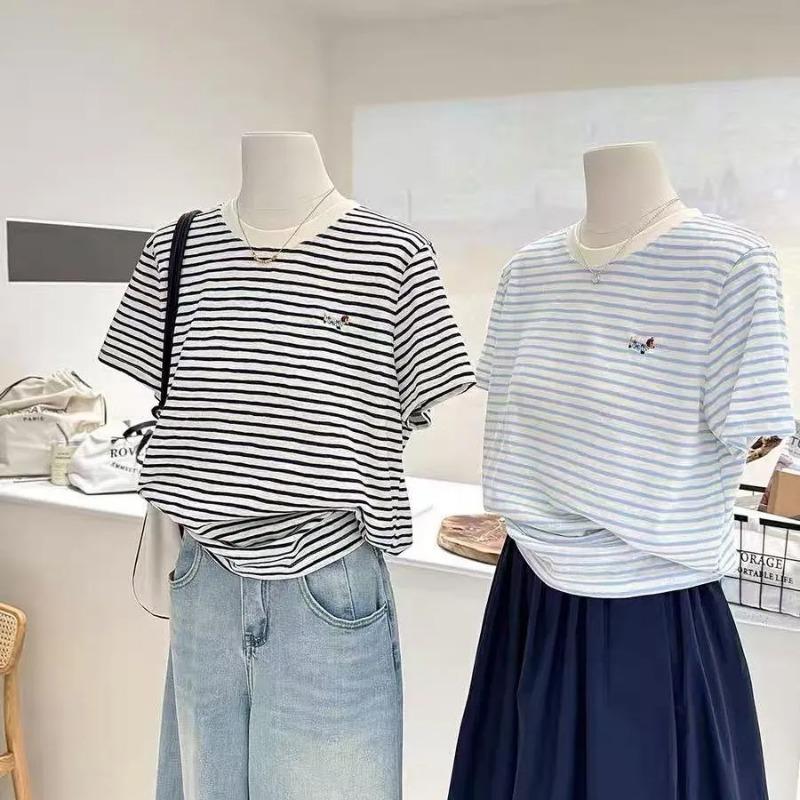 Pure Cotton Striped Embroidered Puppy Summer New Korean Cartoon Loose Slimming Short-sleeved Bottoming Shirt T-shirt Women's Half-sleeve