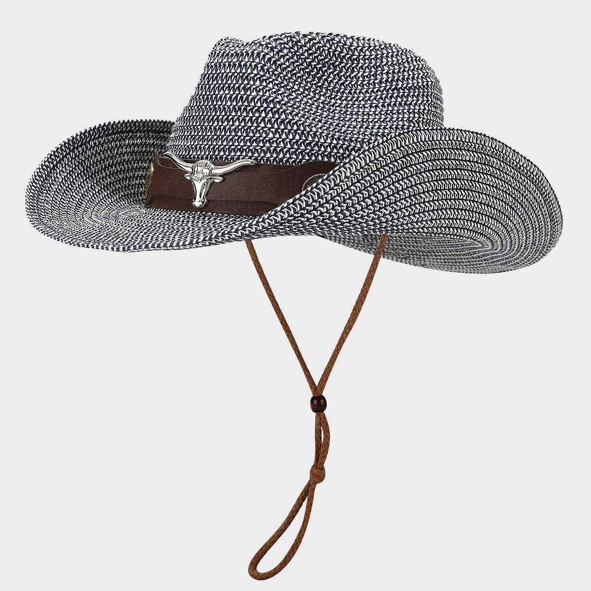 

Женская соломенная шляпа Европейская и американская ковбойская соломенная шляпа для отдыха на открытом воздухе Защита от солнца one size темно-синий