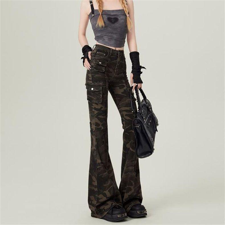 Vintage Camouflage Work Micro Flare Jeans Women Design High Waisted Trousers Slim Drapey Dragging Trousers Jeans for Women Long Denim Pants
