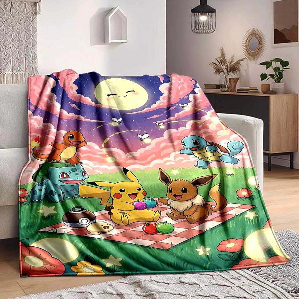 1 szt. Pokémon, Miękki koc piknikowy na każdą porę roku z żywym wzorem, Idealny do domu, w podróży i na prezenty, Doskonały na drzemki i kemping
