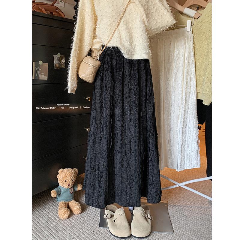 Women's High Waist Lace Patchwork Velvet A-line Skirt - Soft, Comfortable for Spring/Autumn 2025.