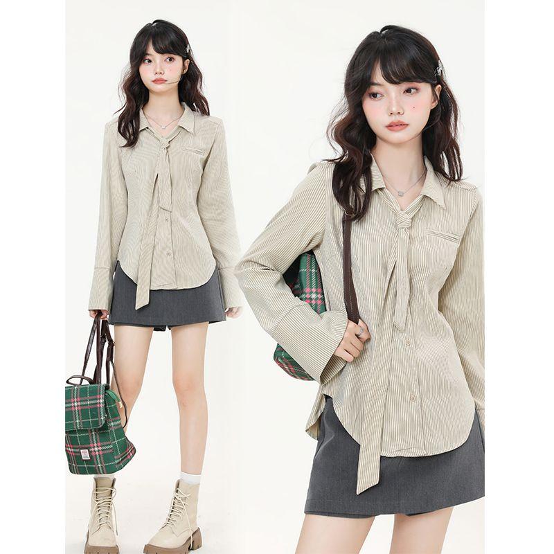 

Женская рубашка в полоску, осенне-зимняя простая универсальная женская блузка с длинными рукавами, корейские женские топы