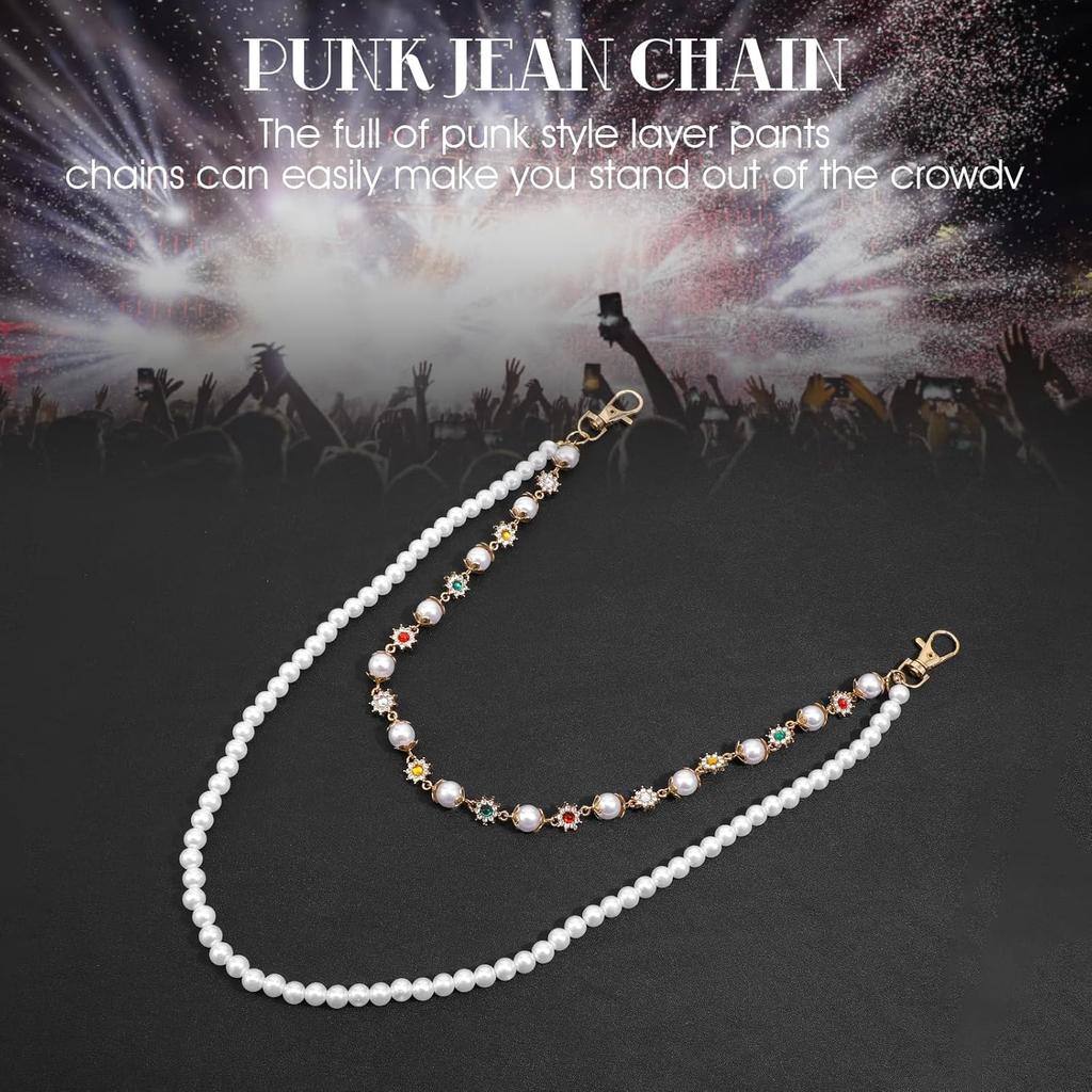 Layered Wallet Pants Chain for Men & Women, Exquisite Rhinestone Flower & Pearl Pocket Chain, Punk Fashion Streetwear Jeans Accessory, Trendy